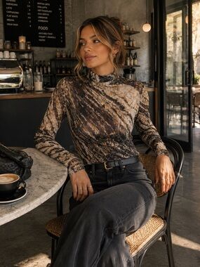 Zara Printed Draped Tulle Top Mesh Long Sleeves Shirt Size S
